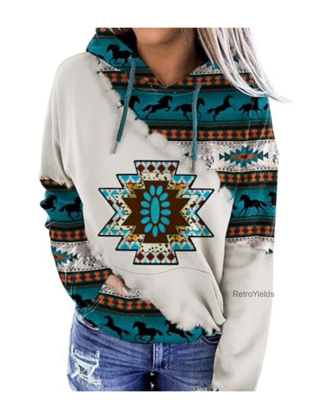 Geometric Horse Print Aztec Hoodie Pullover Western Sweatshirt